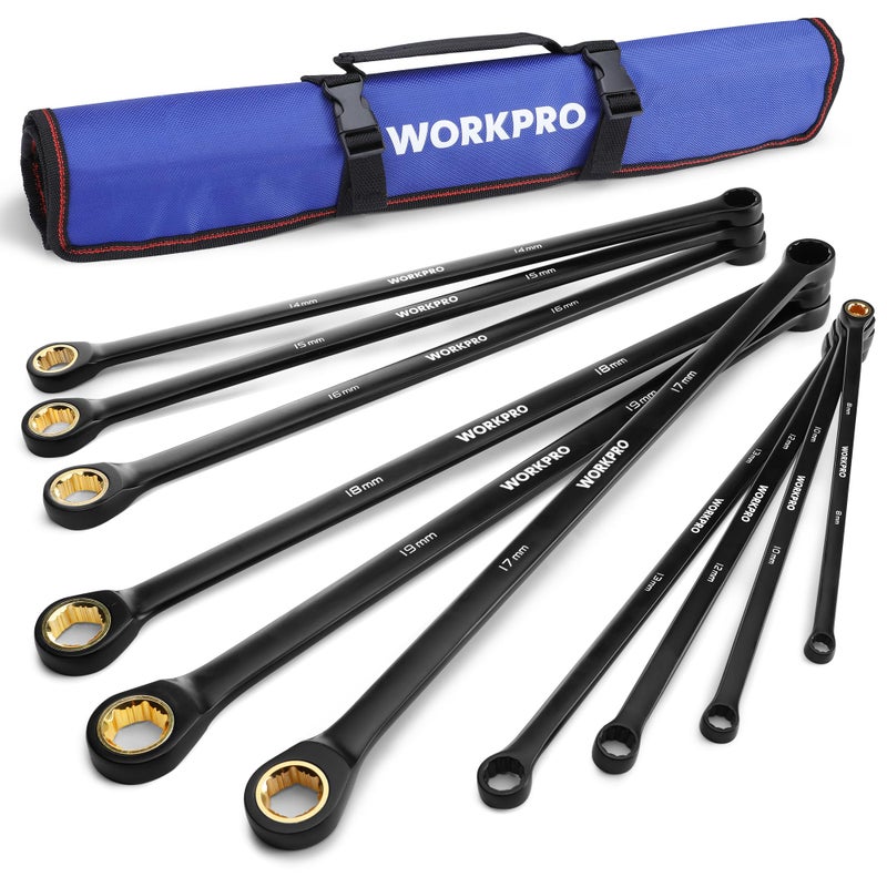 WORKPRO Extra Long Ratcheting Wrench Set, 10-Piece Anti-Slip Double Box Wrenches Set, Metric 8-19 mm, 72-Teeth, Cr-V Steel and Black Electrophoretic Coating Wrenches with Rolling Pouch - Image 1