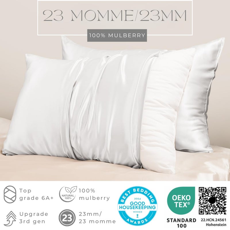 PROMEED White Silk Pillowcase 2 Pack for Hair and Skin, Both Sides 100% 23 Momme Mulberry Silk Pillow Case Set of 2 with Hidden Zipper, Soft and Breathable (Standard 20"x26", White) - Image 2