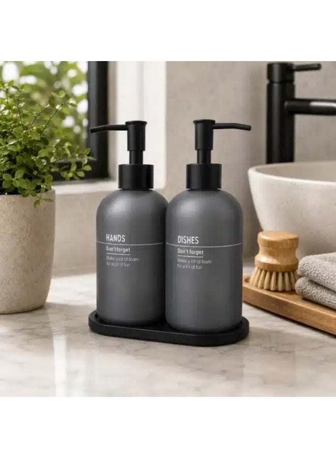 500ml Glass Soap Dispenser Set with Tray, 2 Pack Refillable Bathroom Soap Dispensers with Plastic Pumps, Kitchen Dish Soap & Hand Soap Bottles, Modern Countertop Organizer - Image 3