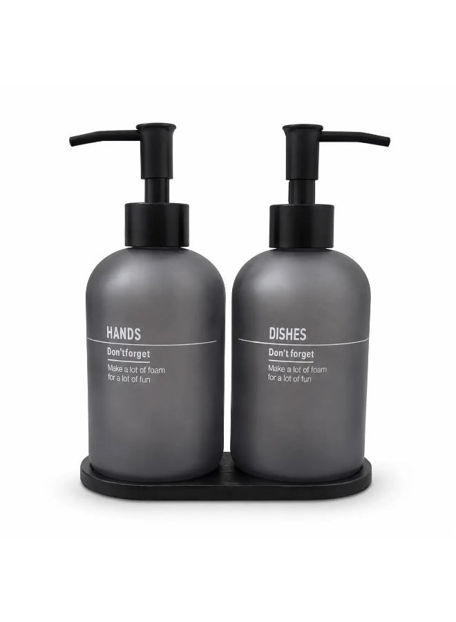 500ml Glass Soap Dispenser Set with Tray, 2 Pack Refillable Bathroom Soap Dispensers with Plastic Pumps, Kitchen Dish Soap & Hand Soap Bottles, Modern Countertop Organizer - Image 1