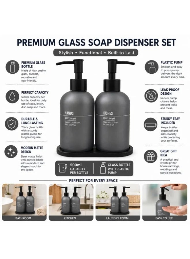 500ml Glass Soap Dispenser Set with Tray, 2 Pack Refillable Bathroom Soap Dispensers with Plastic Pumps, Kitchen Dish Soap & Hand Soap Bottles, Modern Countertop Organizer - Image 4