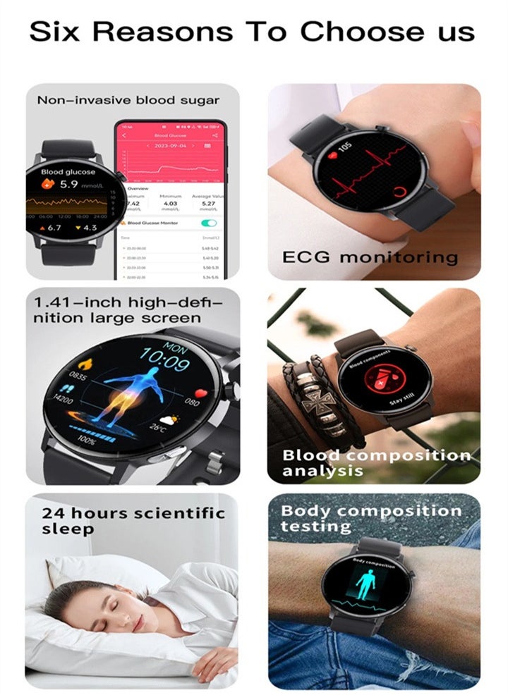 Generic - Smart watch ECG and PPG, Bluetooth calling, non-invasive, blood glucose monitor, uric acid and monitor, Android, iOS, Huawei can all be connected (three strap styles are available) 1pc - Image 1