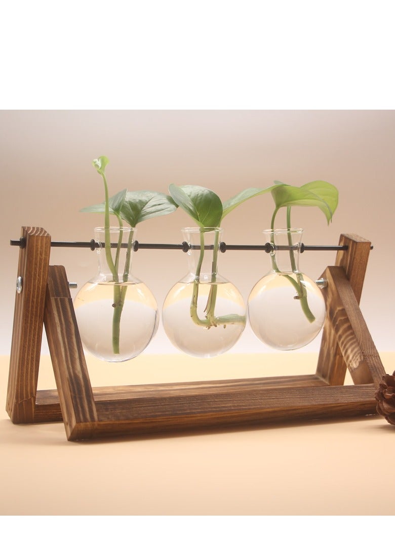 Plant Terrarium with Wooden Stand, Air Planter Bulb Glass Vase Metal Swivel Stand Vintage Desktop for Hydroponics Home Garden Office Decor - 3 Bulb Vase (Plant Not Included)  - Image 1