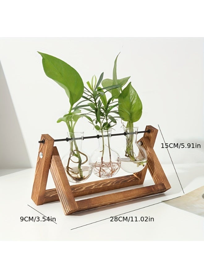 Plant Terrarium with Wooden Stand, Air Planter Bulb Glass Vase Metal Swivel Stand Vintage Desktop for Hydroponics Home Garden Office Decor - 3 Bulb Vase (Plant Not Included)  - Image 3