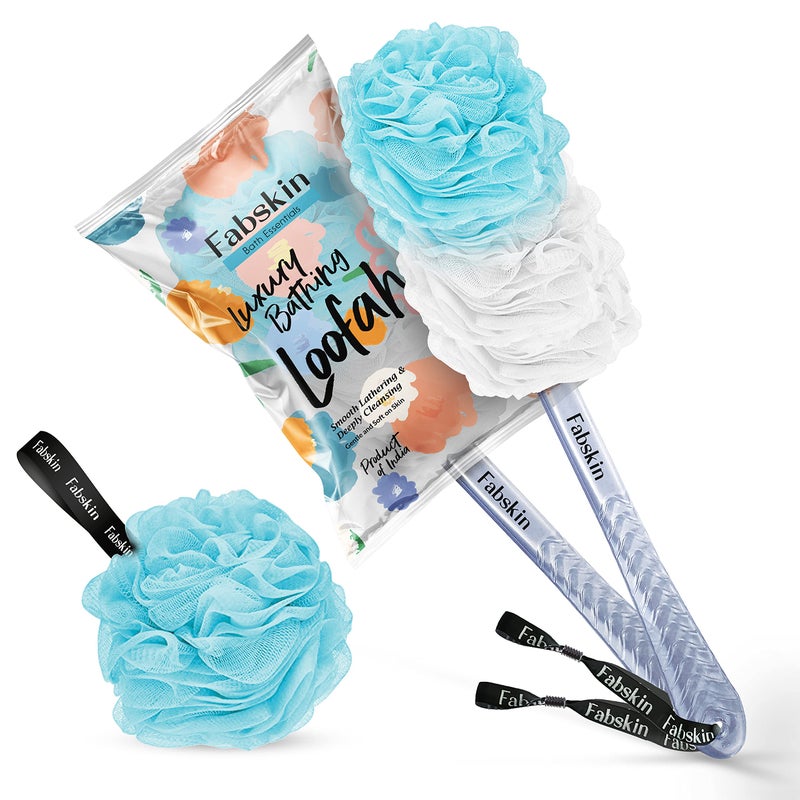 FABSKIN Luxury Bath Loofah Duo Pack - Loofah Sponge and Loofah Brush With Plastic Handle | Loofah for Bathing for Women & Men | Bath Brush Body Back Scrubber For Bathing (Blue and White) - Image 5