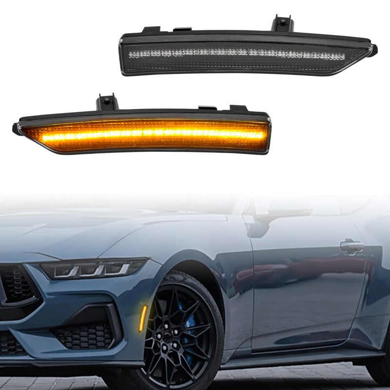 POKIAUTO Front Amber LED Side Marker Lights for Ford Mustang 2024 Smoked Black Front Bumper Lights Reflectors Assembly for 2024 2025 Ford Mustang Accessories 2PCS Amber