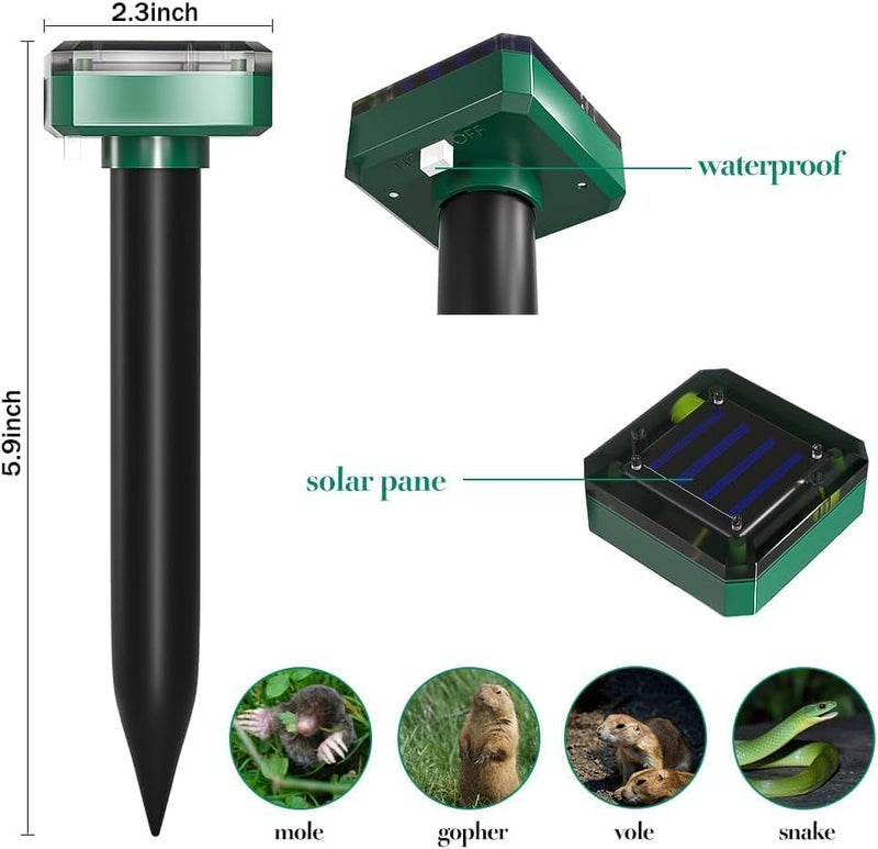 Ariie Mole Repellent Solar Powered - Ultrasonic Mole Vole Repeller Outdoor Deterrent, Rodent Snake Chipmunk Gopher Repellent for Lawns Garden Yard (8 Packs) - Image 2
