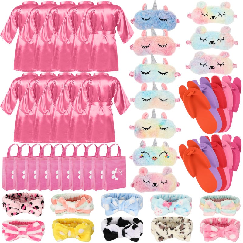 Bonuci 50 Pcs Spa Party Supplies for Girls, 10 Satin Robe 10 Kids Slippers Sleepover Birthday Spa Party Favors (Pink) - Image 1
