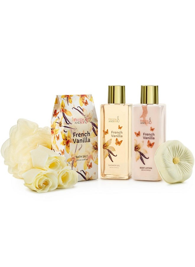 Freida and Joe - Elegant French Vanilla Bath Set Gold High Heel Shoe Luxurious Spa Gift For Gifting Pampering & Home Decor Shower Gel Body Lotion Bath Salts Soap Flower Sponge And Bath Bombs Included - Image 1