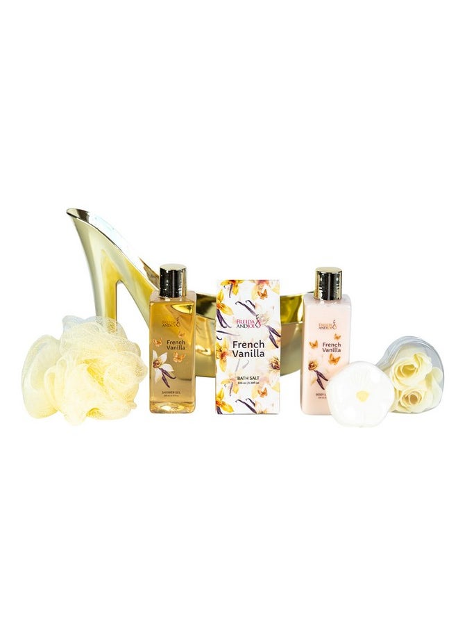Freida and Joe - Elegant French Vanilla Bath Set Gold High Heel Shoe Luxurious Spa Gift For Gifting Pampering & Home Decor Shower Gel Body Lotion Bath Salts Soap Flower Sponge And Bath Bombs Included - Image 1