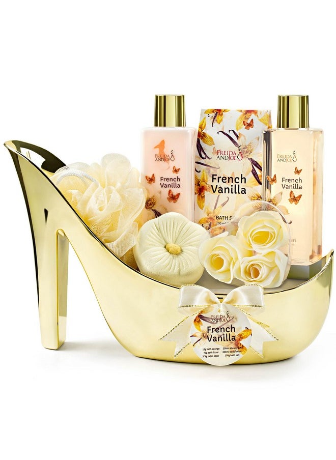 Freida and Joe - Elegant French Vanilla Bath Set Gold High Heel Shoe Luxurious Spa Gift For Gifting Pampering & Home Decor Shower Gel Body Lotion Bath Salts Soap Flower Sponge And Bath Bombs Included - Image 1