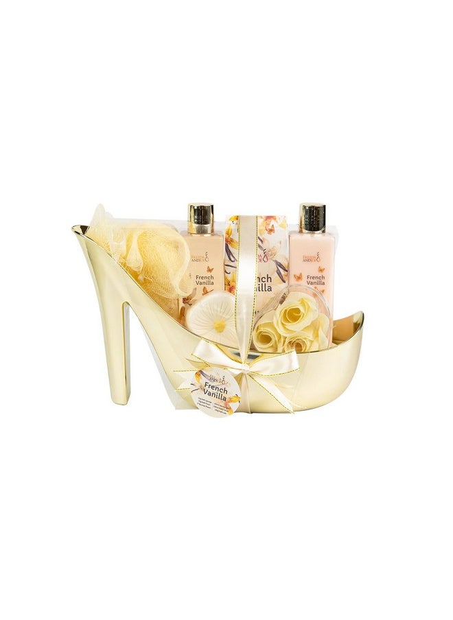 Freida and Joe - Elegant French Vanilla Bath Set Gold High Heel Shoe Luxurious Spa Gift For Gifting Pampering & Home Decor Shower Gel Body Lotion Bath Salts Soap Flower Sponge And Bath Bombs Included - Image 1