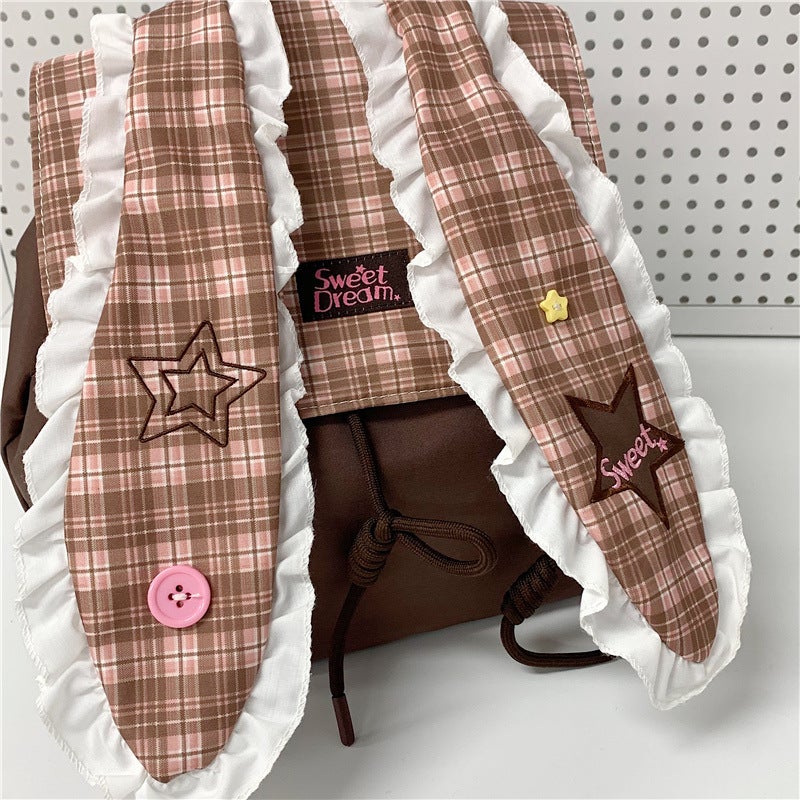Korean Style Plaid Large Capacity Student Backpack with Bunny Ears - Image 2