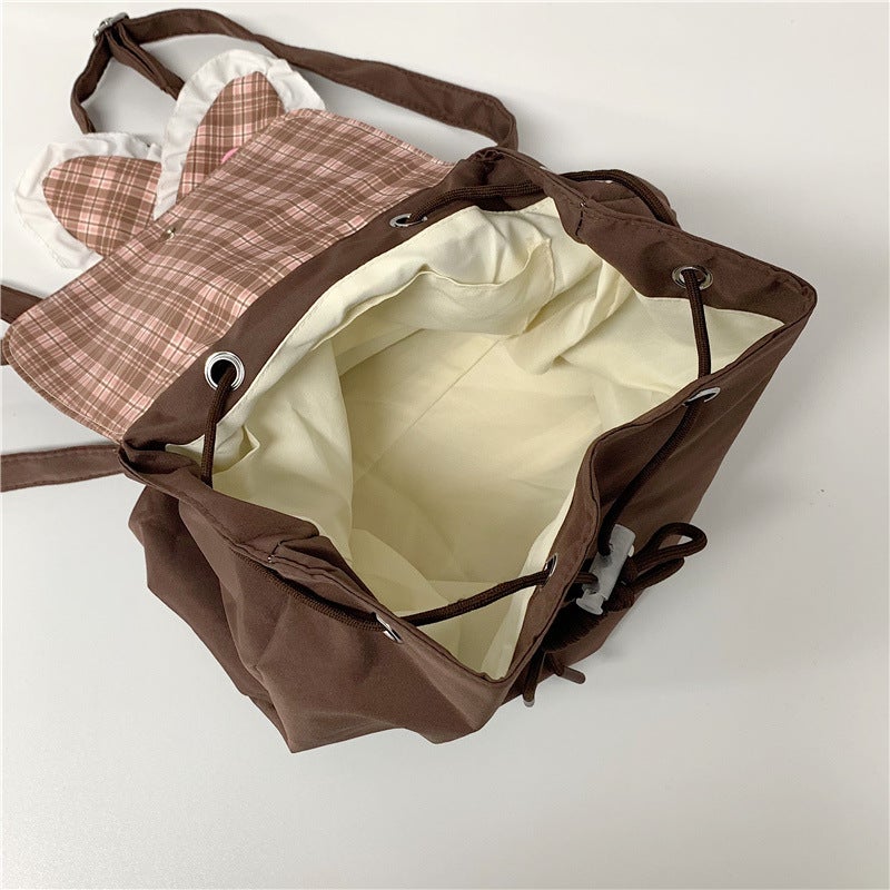 Korean Style Plaid Large Capacity Student Backpack with Bunny Ears - Image 4