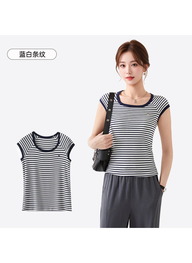 Korean-style Striped Square-neck Short-sleeve T-shirt Women's Tencel Modal Spring And Summer Slim Fit Versatile Basic Top
