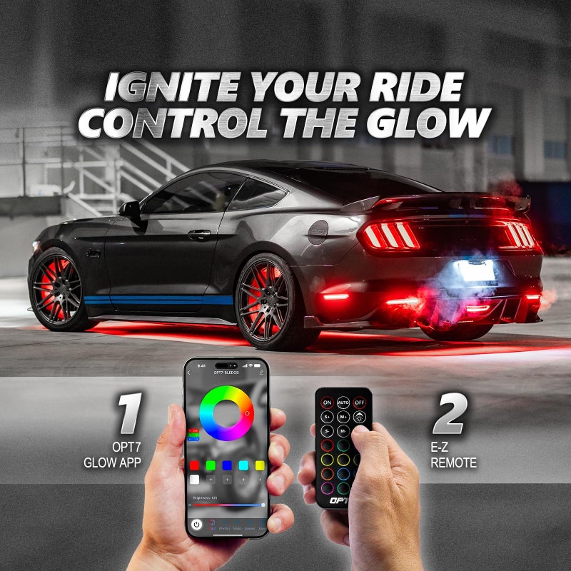OPT7 Aura Pro Underglow LED Lights with APP & Remote Control, RGB Multicolor Mode, Music Sync, 4 PCS Waterproof Rigid Aluminum Light Bar, Exterior Underbody Lighting Kit Universal Fit for Car Truck RV - Image 5