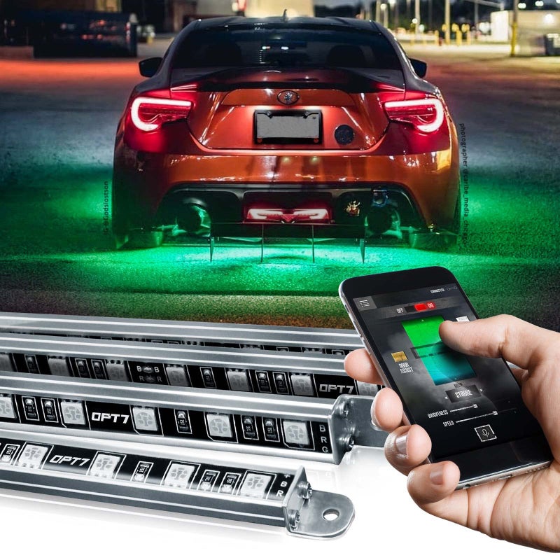 OPT7 Aura Pro Underglow LED Lights with APP & Remote Control, RGB Multicolor Mode, Music Sync, 4 PCS Waterproof Rigid Aluminum Light Bar, Exterior Underbody Lighting Kit Universal Fit for Car Truck RV - Image 1
