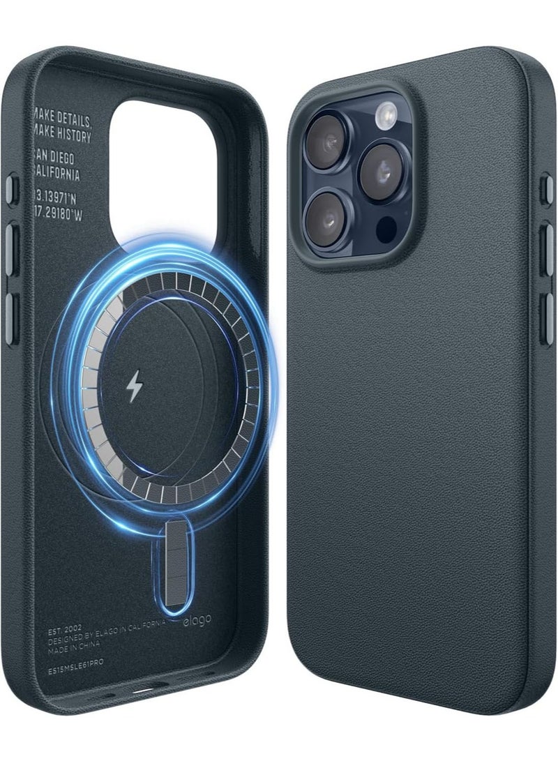 Elago Magnetic Leather for iPhone 15 Pro Case Cover Compatible with MagSafe, Vegan Leather, Shockproof, Water-Resistant - Jean Indigo - Image 1