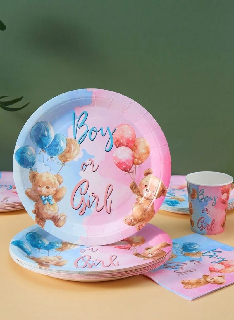 Gender Reveal Party Paper Tableware Set 25 Pieces Includes Paper Plates, Cups, Napkins in Cute Bear Design Suitable for Baby Shower and Newborn Party - Image 4