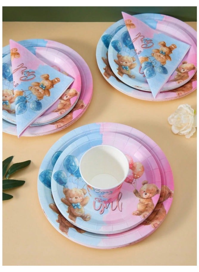 Gender Reveal Party Paper Tableware Set 25 Pieces Includes Paper Plates, Cups, Napkins in Cute Bear Design Suitable for Baby Shower and Newborn Party - Image 2