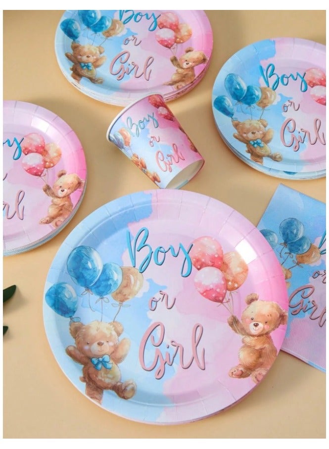 Gender Reveal Party Paper Tableware Set 25 Pieces Includes Paper Plates, Cups, Napkins in Cute Bear Design Suitable for Baby Shower and Newborn Party - Image 3
