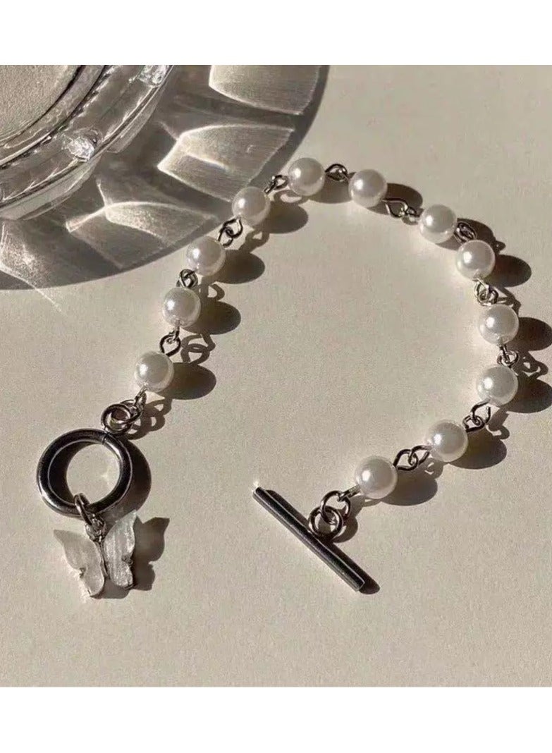 Goolsky سوار لؤلؤ مع قلادة فراشة أنيقة - مجوهرات عتيقة مستوحاة بأسلوب بسيط للفتيات والأصدقاء - Image 1