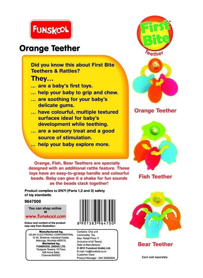 giggles - Giggles Funskool Giggles Orange Teether Teether For Babies To Sooth Their Gums Easy To Grasp And Chew With Rattle Sounds 3 Months & Above Infant Toys - Image 1