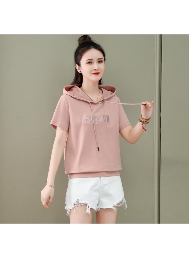 VUELO Combed Cotton Small Hooded Short-sleeved T-shirt For Women Summer New Slimming Letter Printed Short Top T-shirt 