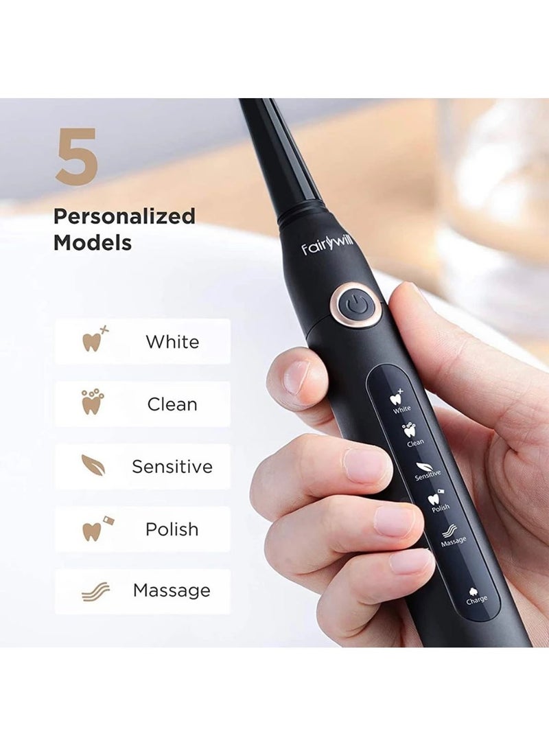 Fairywill Sonic Electric Toothbrush Adult Couple Rechargeable Electric Toothbrush Black 4 Brush Heads - Image 3
