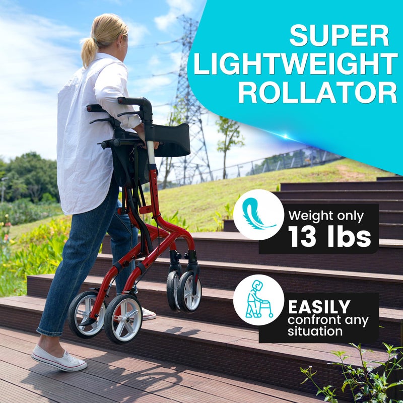PLANET WALK Super Lightweight Rollator Walker for Seniors, Foldable Rolling Walker with Seat and 8" Rubber Wheels for All Terrain, Unique Design Aluminium Frame Sturdy Walkers for Traveling - Red - Image 5