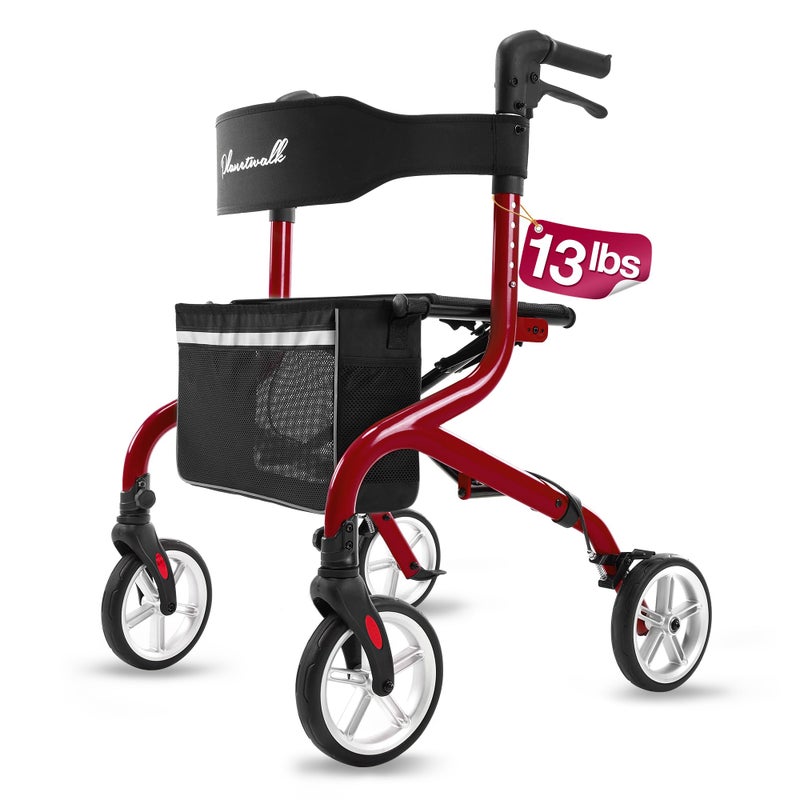PLANET WALK Super Lightweight Rollator Walker for Seniors, Foldable Rolling Walker with Seat and 8" Rubber Wheels for All Terrain, Unique Design Aluminium Frame Sturdy Walkers for Traveling - Red - Image 1
