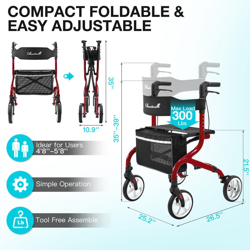 PLANET WALK Super Lightweight Rollator Walker for Seniors, Foldable Rolling Walker with Seat and 8" Rubber Wheels for All Terrain, Unique Design Aluminium Frame Sturdy Walkers for Traveling - Red - Image 2