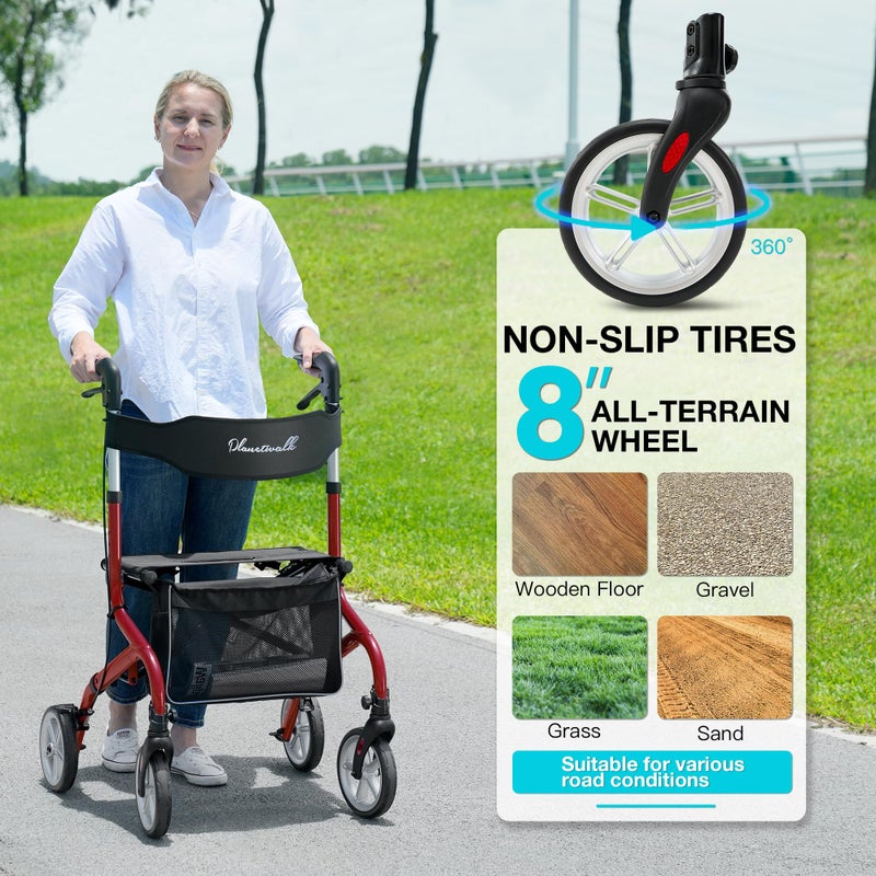 PLANET WALK Super Lightweight Rollator Walker for Seniors, Foldable Rolling Walker with Seat and 8" Rubber Wheels for All Terrain, Unique Design Aluminium Frame Sturdy Walkers for Traveling - Red - Image 3