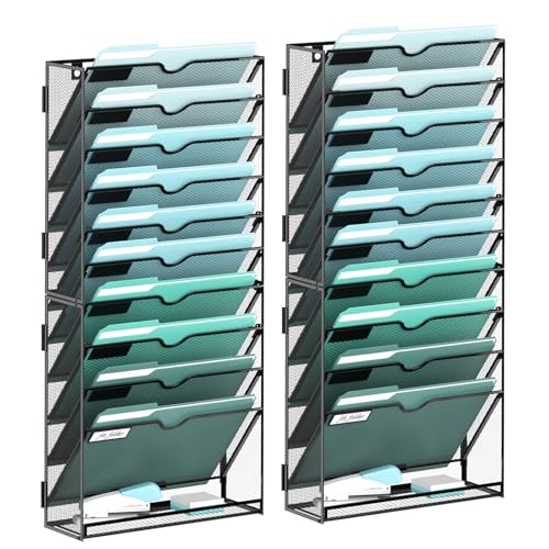 SUPEASY 11-Tier Wall File Organizer, Hanging Wall Files for Papers, Folders, Magazines, Wall Organizer for Clipboard, Assembly Needed, Black, 2 Pack - Image 1