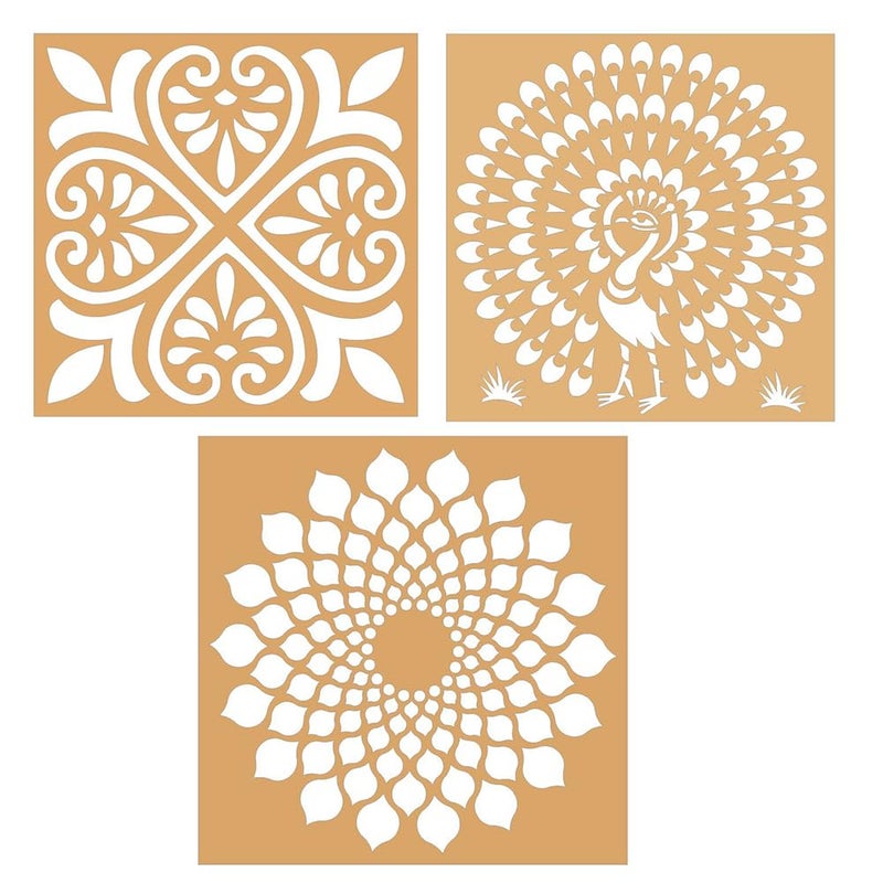 300Sparkles Rangoli Stencil Set of 3 Pieces Diwali Festival Floor and Wall Decoration Home Office Temple Multipurpose Rangoli Stencils 8 x 8 InchCombo2 - Image 1