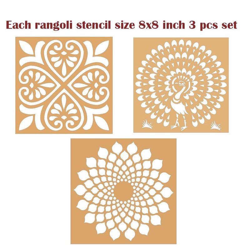 300Sparkles Rangoli Stencil Set of 3 Pieces Diwali Festival Floor and Wall Decoration Home Office Temple Multipurpose Rangoli Stencils 8 x 8 InchCombo2 - Image 3