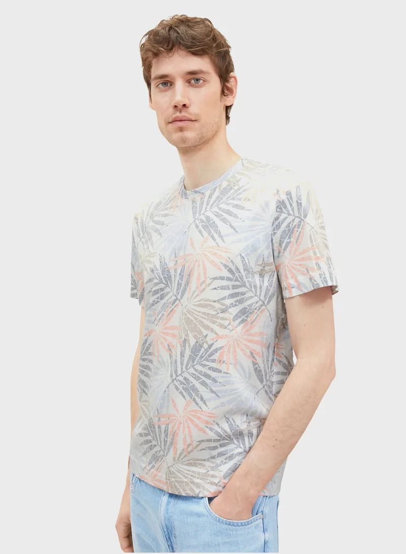 TOM TAILOR Leaf Print Crew Neck T-Shirt