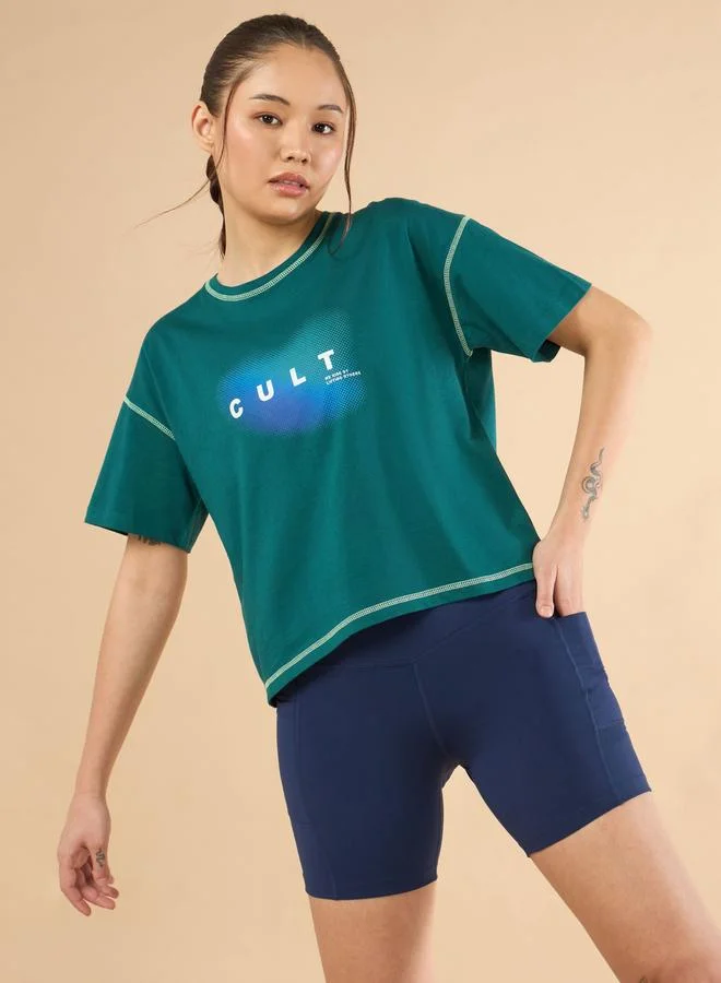 Cult Women Green Spirit Graphic Boxy Crop T-Shirt