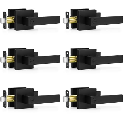 Plustool 6 Pack Matte Black Door Handles, Keyless Interior Door Knobs, Privacy Door Lever Locksets for Bedroom Bathroom, Heavy Duty Square Door Lock (2.0lb), Reversible for Left&Right Handled Doors - Image 1