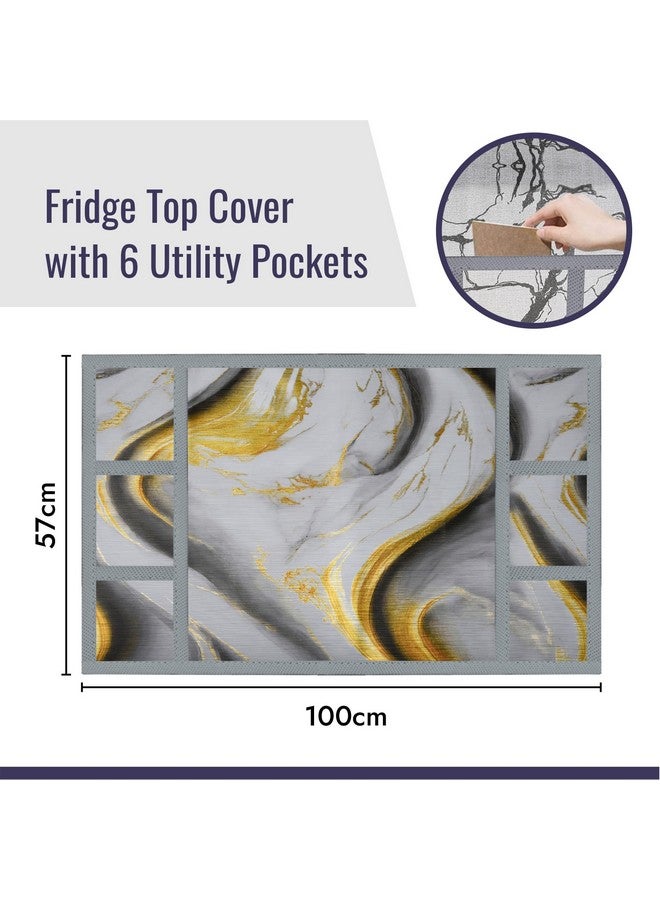 Kuber Industries Fridge Top Cover | Grey Dust-Proof & Waterproof Refrigerator Cover with 6 Utility Pockets | Golden Marvel Design - Image 3