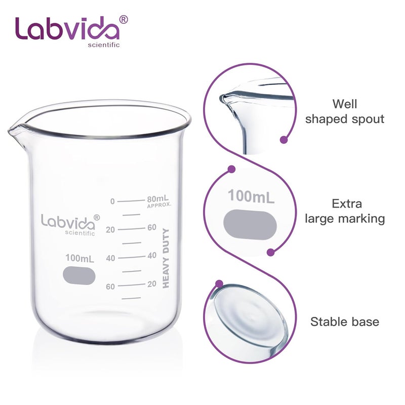 Labvida 10pcs 100ml Upgrated Thick Glass Beakers, Griffin Low Form Beaker Set with Double Scale, 3.3 Boro, LVA024 - Image 3