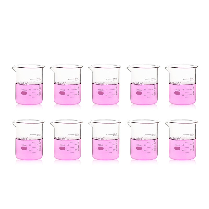 Labvida 10pcs 100ml Upgrated Thick Glass Beakers, Griffin Low Form Beaker Set with Double Scale, 3.3 Boro, LVA024 - Image 1