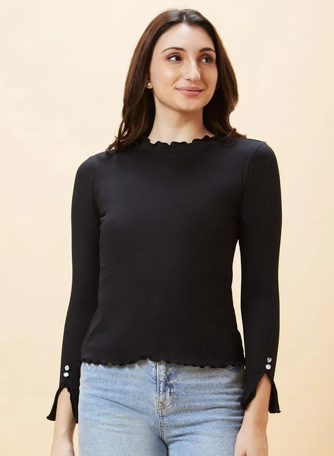 جلو باص بلوزة مضلعة سادة بحافة مموجة