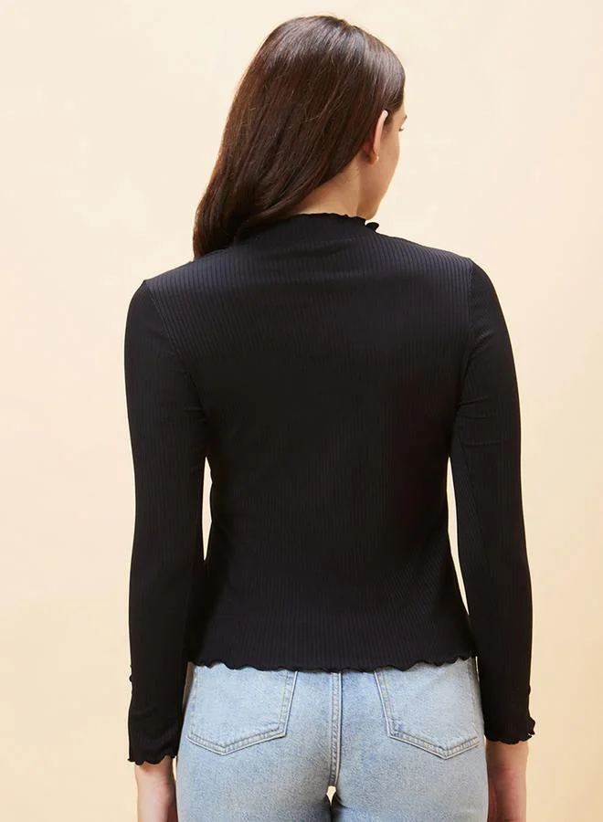 globus Women Black Solid Ribbed Lettuce Edge Top