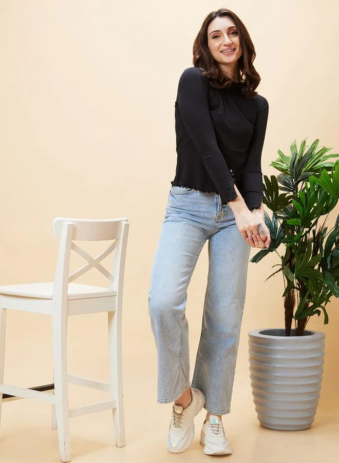globus Women Black Solid Ribbed Lettuce Edge Top