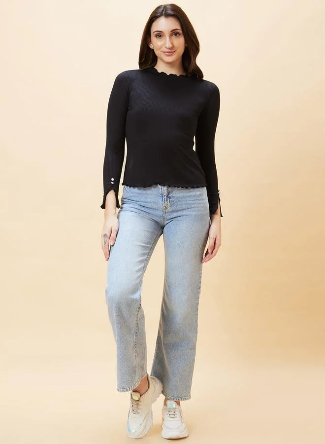 globus Women Black Solid Ribbed Lettuce Edge Top