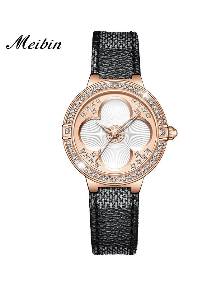 Meibin ساعة نسائية أنيقة مرصعة بالألماس ومرصعة بزهرة البرسيم المحظوظة - Image 1