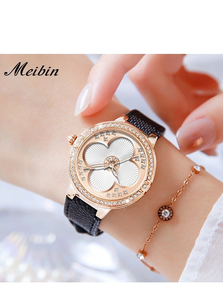 Meibin ساعة نسائية أنيقة مرصعة بالألماس ومرصعة بزهرة البرسيم المحظوظة - Image 4