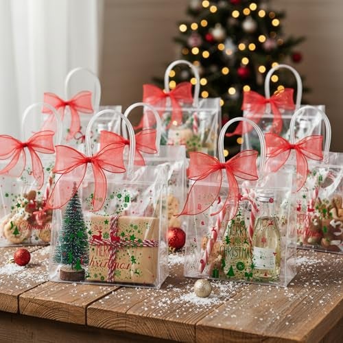 Henoyso 12 Pcs Christmas Clear Gift Bags Plastic Candy Treat Goodie Bags Red Foil Santa PVC Wrap Totes with Handles and Ribbon Xmas Party Favors Merry Christmas78 x 78 x 31 Inch - Image 3