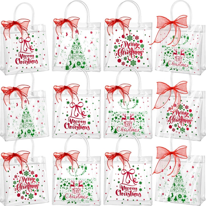 Henoyso 12 Pcs Christmas Clear Gift Bags Plastic Candy Treat Goodie Bags Red Foil Santa PVC Wrap Totes with Handles and Ribbon Xmas Party Favors Merry Christmas78 x 78 x 31 Inch - Image 2